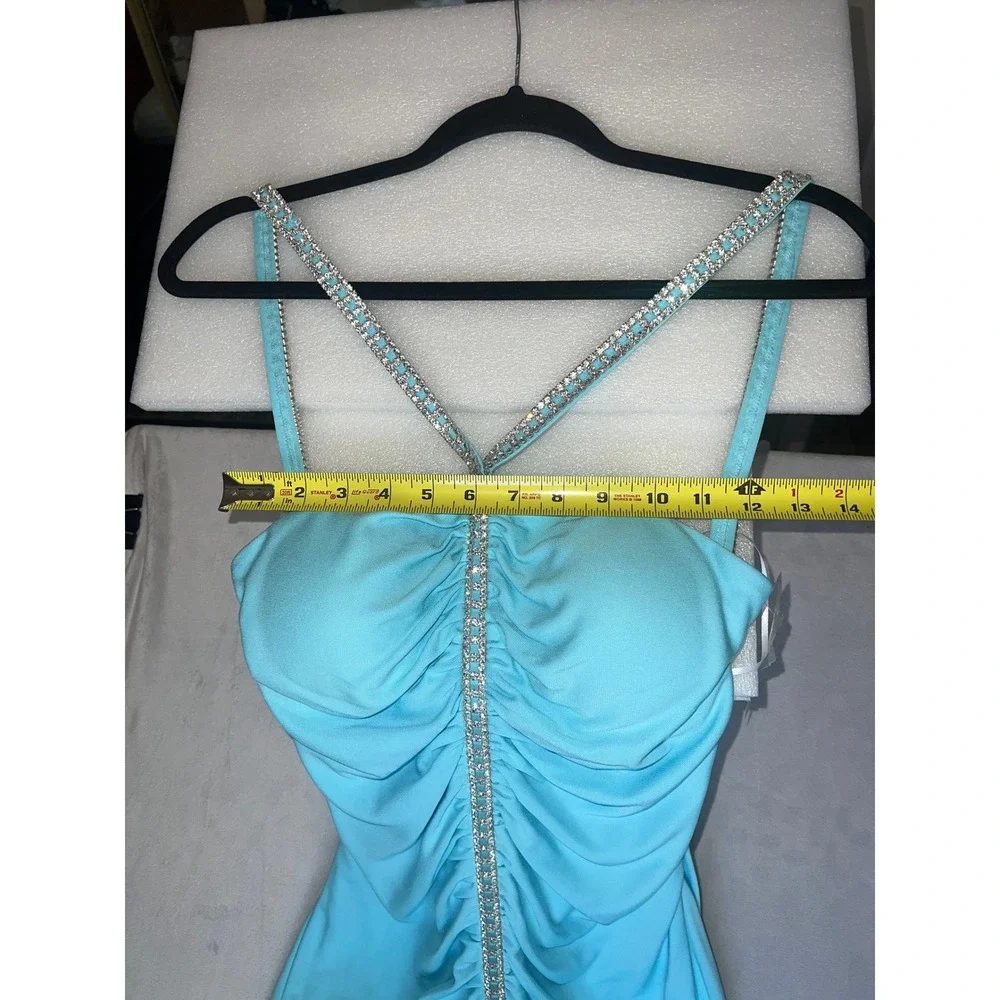 Nicole Bakti Turquoise Blue Rhinestone Ruched Formal Prom Gown Dress Womens Sz S - Picture 2 of 12